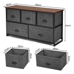 Gymax 5 Drawers Cabinet 2-Tier Chest of Drawers With 5 Fabric Baskets in Black - thumbnail 3