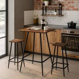 EONLION Rustic Brown 3 Pcs Square Breakfast Bar Table & 2 Stools Set - thumbnail 2