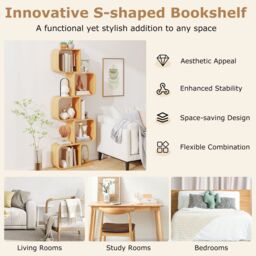 Gymax 5-TierS-Shaped Bookcase, Bamboo Bookshelf With 5 Open Cubes-Natural in Light Khaki - thumbnail 6