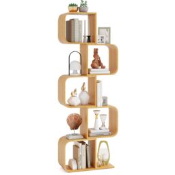 Gymax 5-TierS-Shaped Bookcase, Bamboo Bookshelf With 5 Open Cubes-Natural in Light Khaki - thumbnail 1