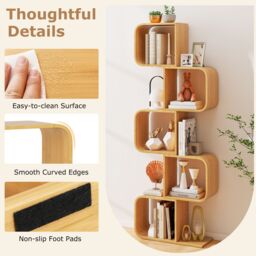 Gymax 5-TierS-Shaped Bookcase, Bamboo Bookshelf With 5 Open Cubes-Natural in Light Khaki - thumbnail 3