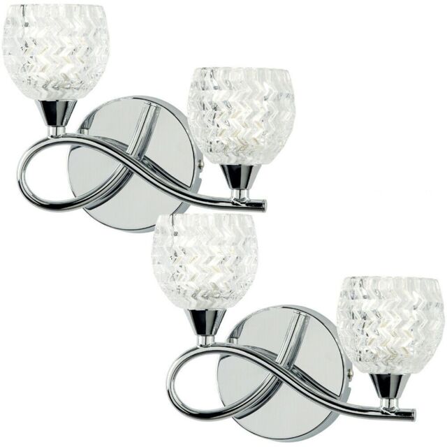Loops 2 PACK LED Twin Wall Light Twisted Chrome Arm Glass Pattern Shade Dimming Lamp in Clear - image 1
