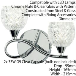 Loops 2 PACK LED Twin Wall Light Twisted Chrome Arm Glass Pattern Shade Dimming Lamp in Clear - thumbnail 2