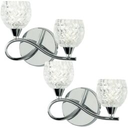 Loops 2 PACK LED Twin Wall Light Twisted Chrome Arm Glass Pattern Shade Dimming Lamp in Clear - thumbnail 1