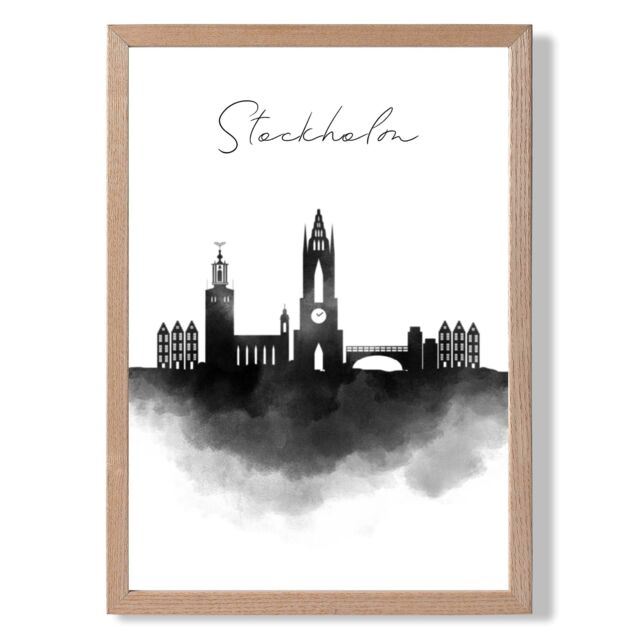ARTZE Stockholm Watercolour Skyline City Framed Print SIZE: A4 with Oak Frame in Black - Size: A2 - image 1