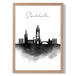 ARTZE Stockholm Watercolour Skyline City Framed Print SIZE: A4 with Oak Frame in Black - Size: A2 - thumbnail 1