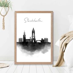 ARTZE Stockholm Watercolour Skyline City Framed Print SIZE: A4 with Oak Frame in Black - Size: A2 - thumbnail 2