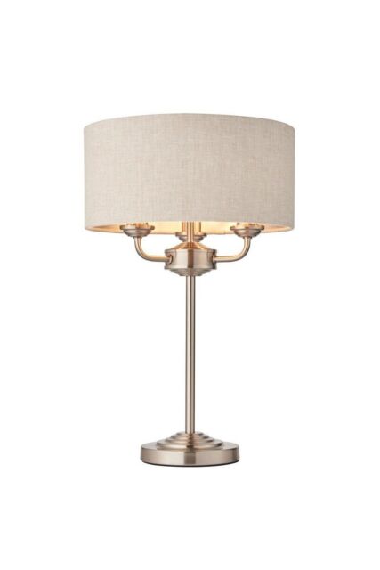 Netlighting Highclere Table Lamp Brushed Chrome Plate Natural Linen Shade in Grey - image 1
