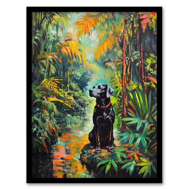 "Artery8 Dog Lover Black Labrador Pet In Lush Forest Framed Art Print in Green - Size: W12"" x H16""" - image 1