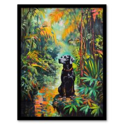 "Artery8 Dog Lover Black Labrador Pet In Lush Forest Framed Art Print in Green - Size: W12"" x H16""" - thumbnail 1