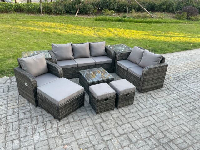 Fimous Rattan Garden Furniture 9 Piece Patio Set With Table Sofa Square Coffee Table Reclining Chair Side 3 Seater Sofa 3 Footstools in Dark Grey - image 1