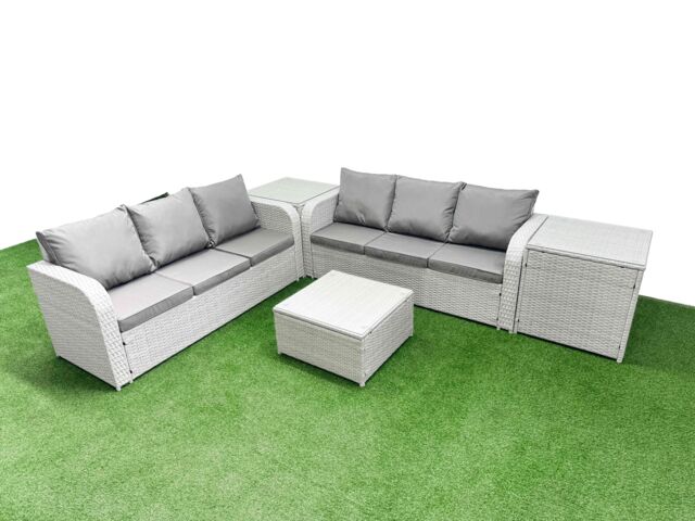 Fimous Outdoor Garden Furniture Sets 6 Seater Wicker Rattan Furniture Sofa Sets with Square Coffee Table high Back Lounge Sofa 2 Side Table Light Grey - image 1