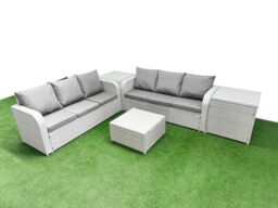 Fimous Outdoor Garden Furniture Sets 6 Seater Wicker Rattan Furniture Sofa Sets with Square Coffee Table high Back Lounge Sofa 2 Side Table Light Grey - thumbnail 1