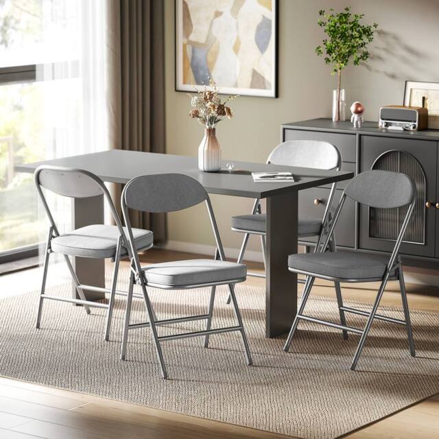 HOMCOM Folding Chairs Set of 4 with Cushioned Seat, Steel Frame in Grey - image 1
