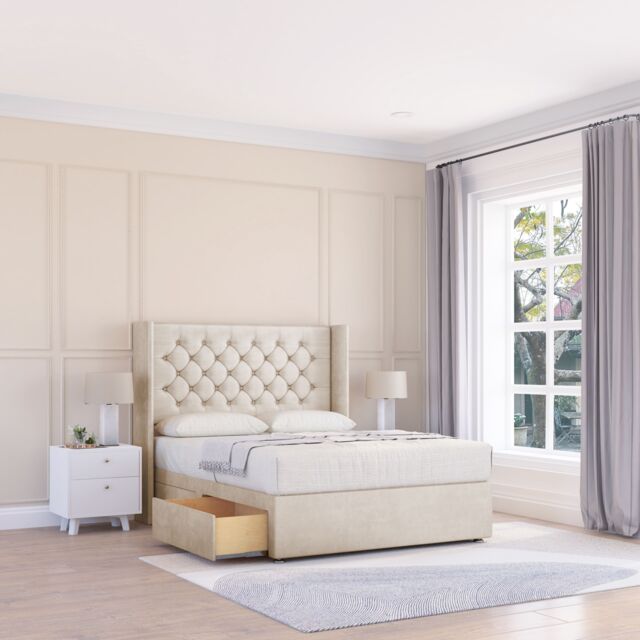"Sloomy Dior Plush Wingback Bed Set, 2 Drawers & 54"" Floor Standing Headboard in Cream - Size: Small Double" - image 1