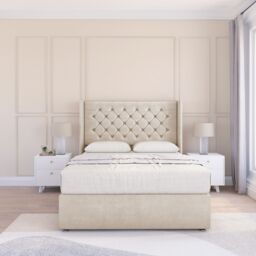"Sloomy Dior Plush Wingback Bed Set, 2 Drawers & 54"" Floor Standing Headboard in Cream - Size: Small Double" - thumbnail 2