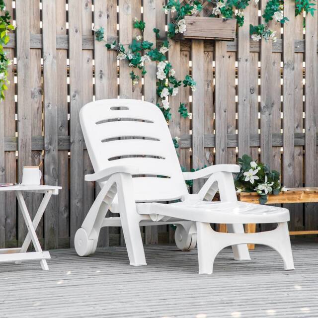 OUTSUNNY Patio Folding Lounge Chair Recliner with Wheels & 5-Position Backrest in Beige - image 1