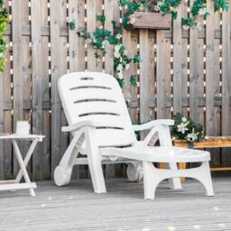 OUTSUNNY Patio Folding Lounge Chair Recliner with Wheels & 5-Position Backrest in Beige - thumbnail 1