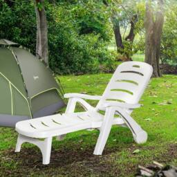 OUTSUNNY Patio Folding Lounge Chair Recliner with Wheels & 5-Position Backrest in Beige - thumbnail 4
