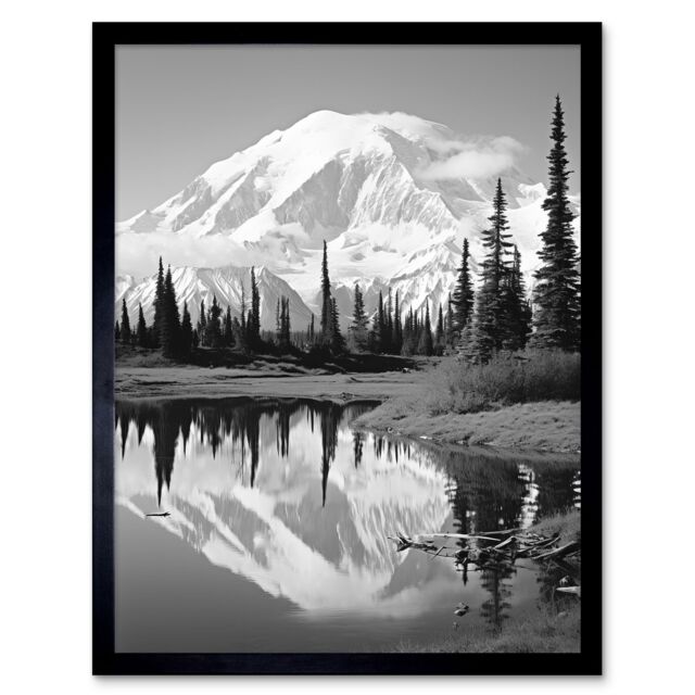 Artery8 Wall Art Print Mount McKinley Reflecting on Wonder Lake Tranquil Water Black & White Photograph Scenic Mountain Valley Landscape Art Framed - image 1