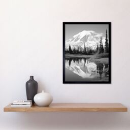 Artery8 Wall Art Print Mount McKinley Reflecting on Wonder Lake Tranquil Water Black & White Photograph Scenic Mountain Valley Landscape Art Framed - thumbnail 2