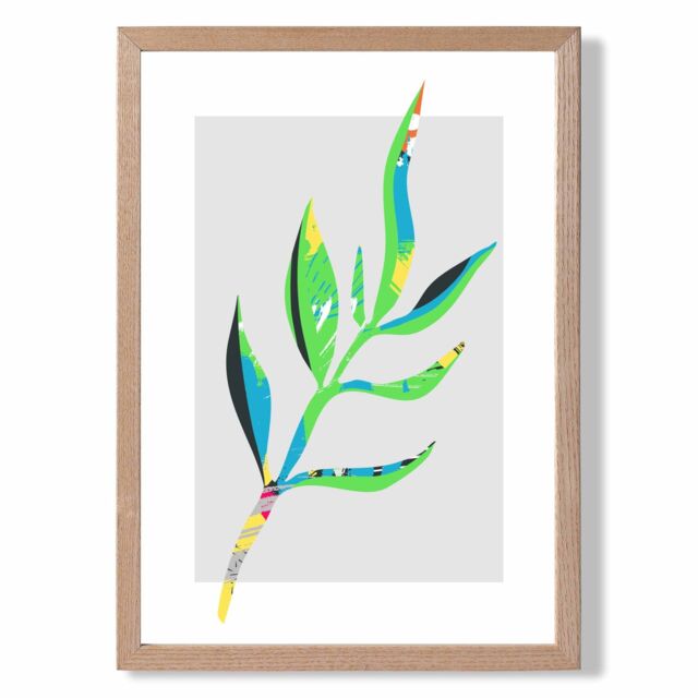 ARTZE Papyrus Leaf Blue & Green Abstract Minimalist Framed Print SIZE: A3 with Oak Frame in Mid Blue - Size: A4 - image 1