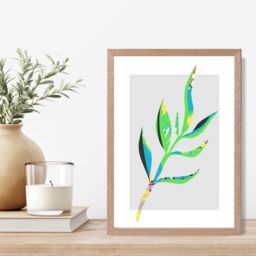 ARTZE Papyrus Leaf Blue & Green Abstract Minimalist Framed Print SIZE: A3 with Oak Frame in Mid Blue - Size: A4 - thumbnail 2