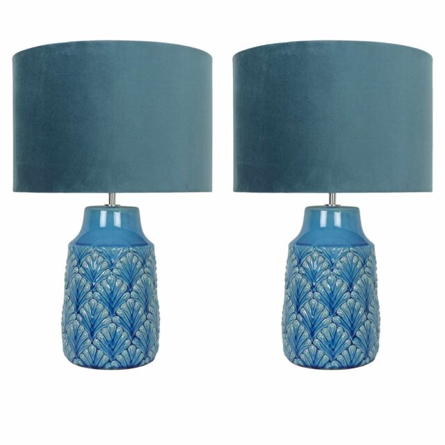 First Choice Lighting Set of 2 Peacock Ceramic Lamps with Teal Velour Shade - image 1