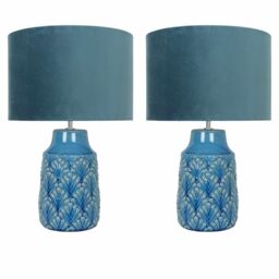 First Choice Lighting Set of 2 Peacock Ceramic Lamps with Teal Velour Shade