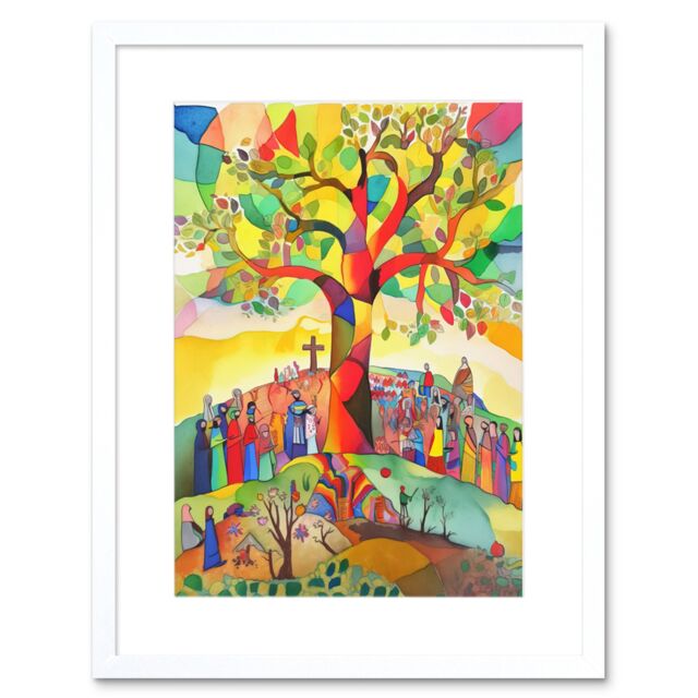 "Artery8 Wall Art Print The Sermon On The Mount Jesus Folk Art Bible Artwork Framed 9X7 Inch in White - Size: W7"" x H9""" - image 1