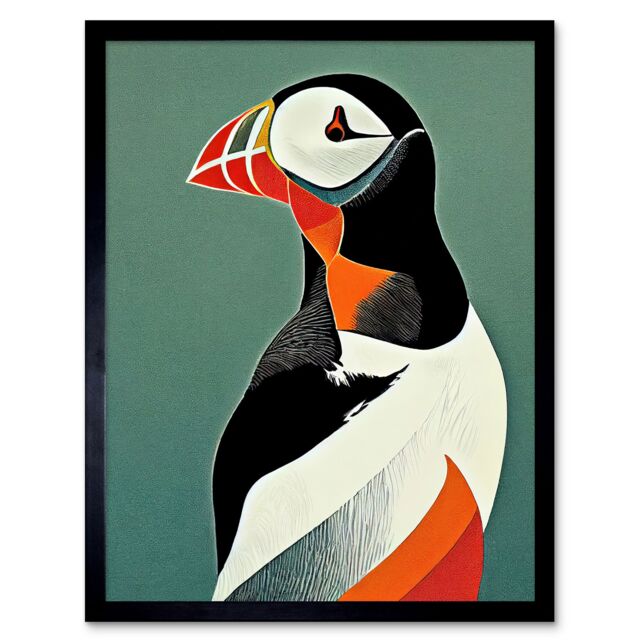 "Artery8 Wall Art Print Bright Bold Colourful Atlantic Puffin Bird Portrait Art Framed in Black - Size: W12"" x H16""" - image 1