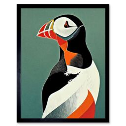 "Artery8 Wall Art Print Bright Bold Colourful Atlantic Puffin Bird Portrait Art Framed in Black - Size: W12"" x H16""" - thumbnail 1