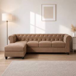 Sofaya Hampton 4 Seater L Shape Chesterfield Sofa Velvet Left Hand Chaise in Brown - Size: 4 Person - thumbnail 2
