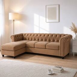 Sofaya Hampton 4 Seater L Shape Chesterfield Sofa Velvet Left Hand Chaise in Brown - Size: 4 Person - thumbnail 1
