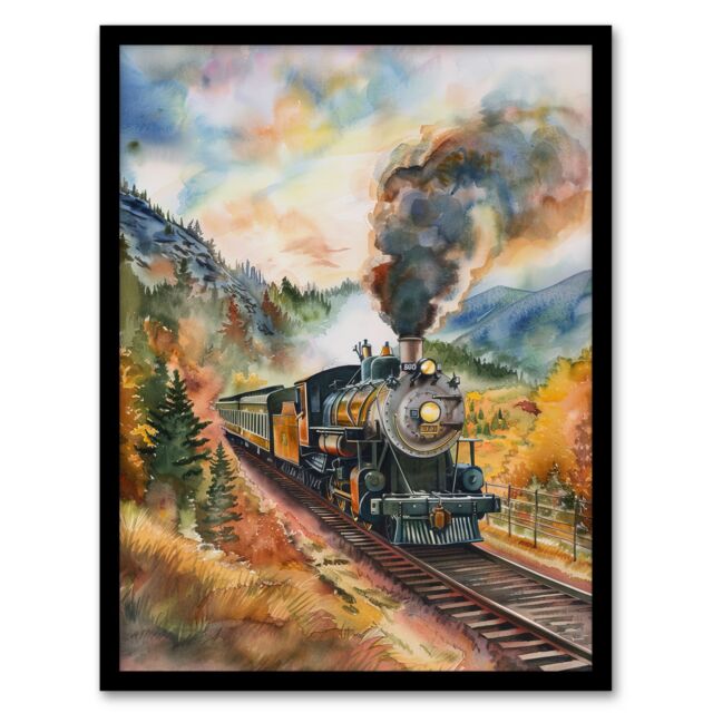 "Artery8 Locomotive Train Passing Through Autumn Forest Framed Art Print - Size: W12"" x H16""" - image 1