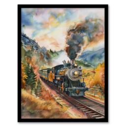 "Artery8 Locomotive Train Passing Through Autumn Forest Framed Art Print - Size: W12"" x H16""" - thumbnail 1