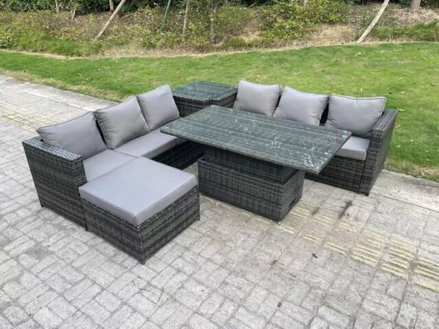 Fimous 7 Seater Outdoor Rattan Sofa Set Adjustable Lifting Dining Table Side Coffee Table Footstool in Dark Grey - image 1