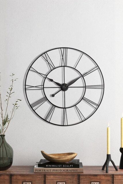 H&O Direct 60CM Dia Vintage Metal Skeleton Roman Numeral Clock in Dark Grey - image 1