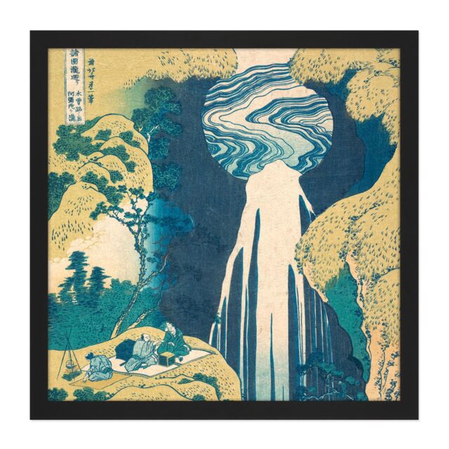 "Artery8 Wall Art Print Hokusai Amida Falls Kisokaido Road Japan Waterfall Painting Square Framed Picture 16X16 Inch in Black - Size: W16"" x H16""" - image 1