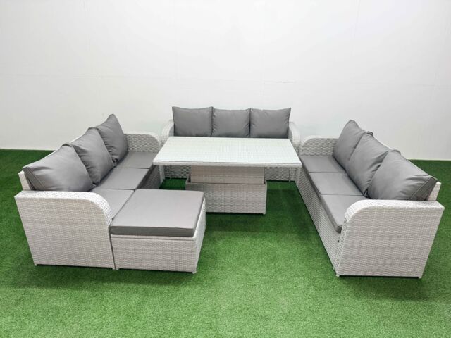Fimous PE Rattan Lounge Sofa Set 10 Seater Outdoor Garden Furniture Set w/ Adjustable Lifting Dining or Coffee Table 3 Seater Sofa Big Footstool - image 1