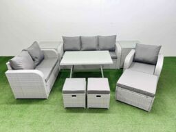 Fimous Patio Dining Table & Chairs Set with Reclining Chair 2 Side Table in Light Grey - thumbnail 2