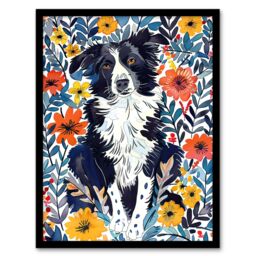 Artery8 Border Collie Flower Field Dog Lover Watercolour Framed Wall Art - Size: A4 - thumbnail 1
