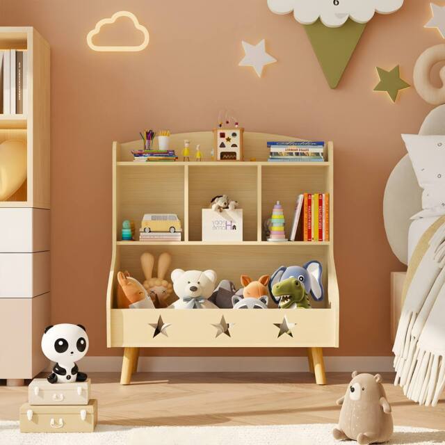 Huhote Wood Kids Bookcase with 3 Compartments Toy Storage Bookshelf Kids Room in Light Oak - image 1