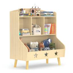 Huhote Wood Kids Bookcase with 3 Compartments Toy Storage Bookshelf Kids Room in Light Oak - thumbnail 3