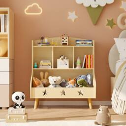 Huhote Wood Kids Bookcase with 3 Compartments Toy Storage Bookshelf Kids Room in Light Oak - thumbnail 1