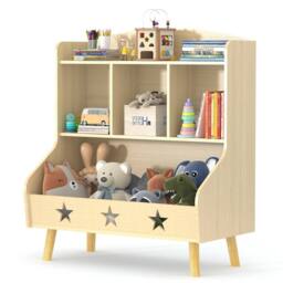 Huhote Wood Kids Bookcase with 3 Compartments Toy Storage Bookshelf Kids Room in Light Oak - thumbnail 2