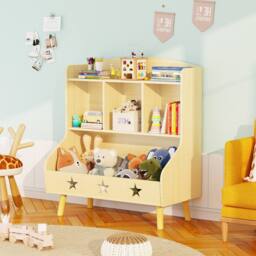 Huhote Wood Kids Bookcase with 3 Compartments Toy Storage Bookshelf Kids Room in Light Oak - thumbnail 4