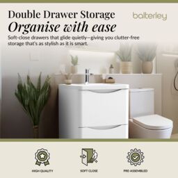Balterley Bathroom Floor 2 Drawer Vanity & Polymarble Basin, Satin White, 600mm in White - thumbnail 2