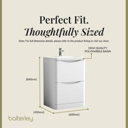 Balterley Bathroom Floor 2 Drawer Vanity & Polymarble Basin, Satin White, 600mm in White - thumbnail 5