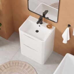 Balterley Bathroom Floor 2 Drawer Vanity & Polymarble Basin, Satin White, 600mm in White - thumbnail 3
